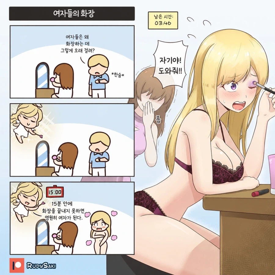 여자 친구의 화장이 늦어지자 불평하는 남자친구 만화_1.webp