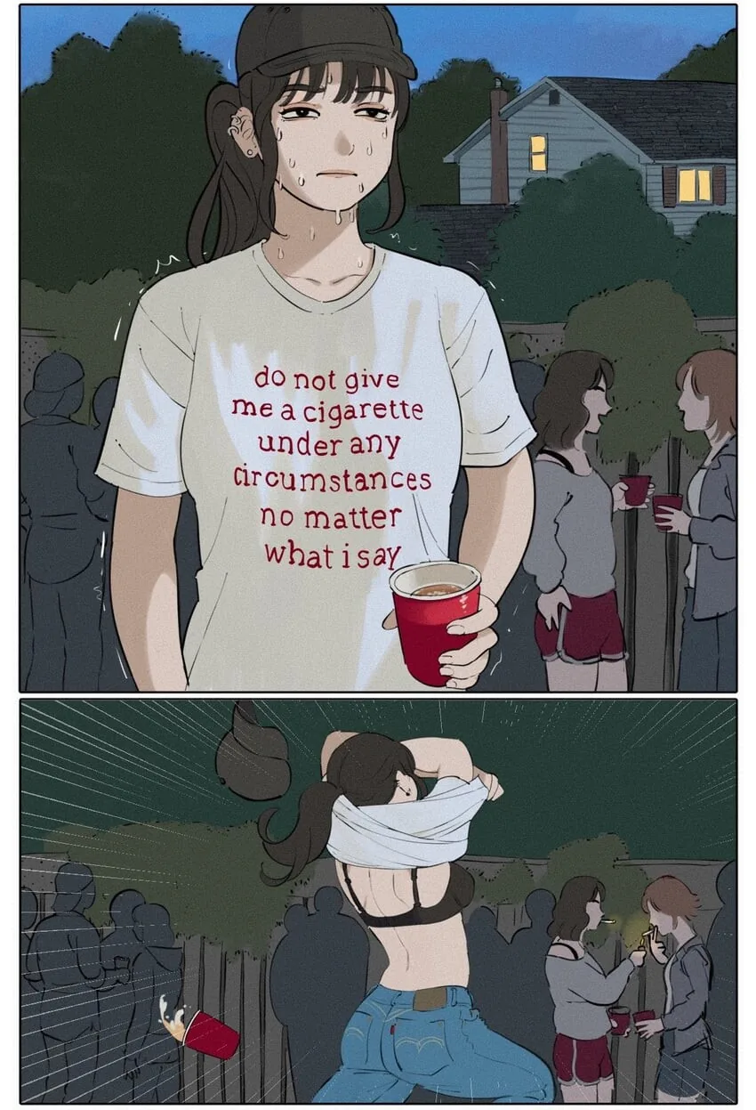 금연을 하면 땀이 많아지고 아무데서나 옷을 벗게된다는 만화