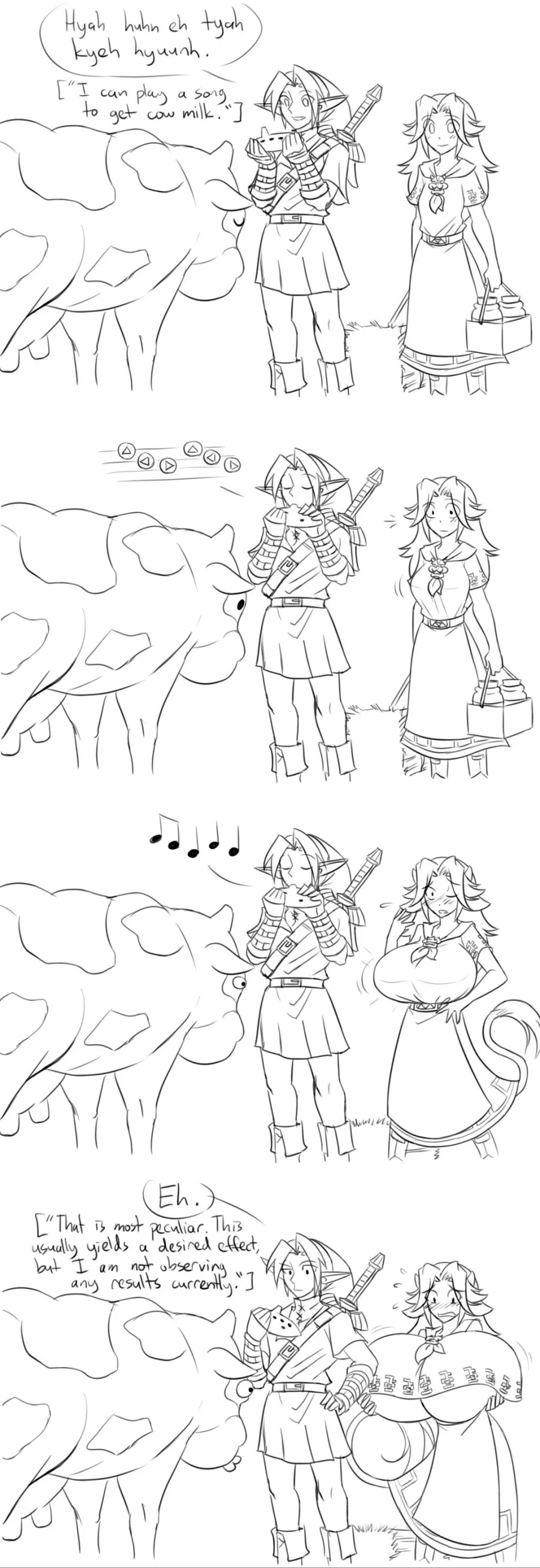 젖소 우유 짜는 오카리나 연주하는 젤다.manga