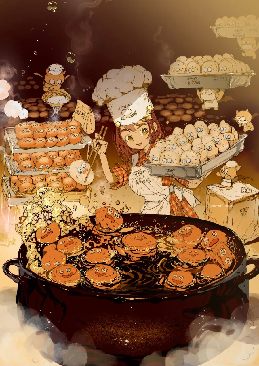 여자아이가 튀김고로케 만드는 그림.manga