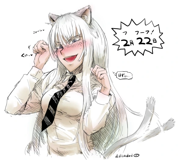 백발 네코미미 미녀가 부끄러워하며 포즈 잡는 짤.manga